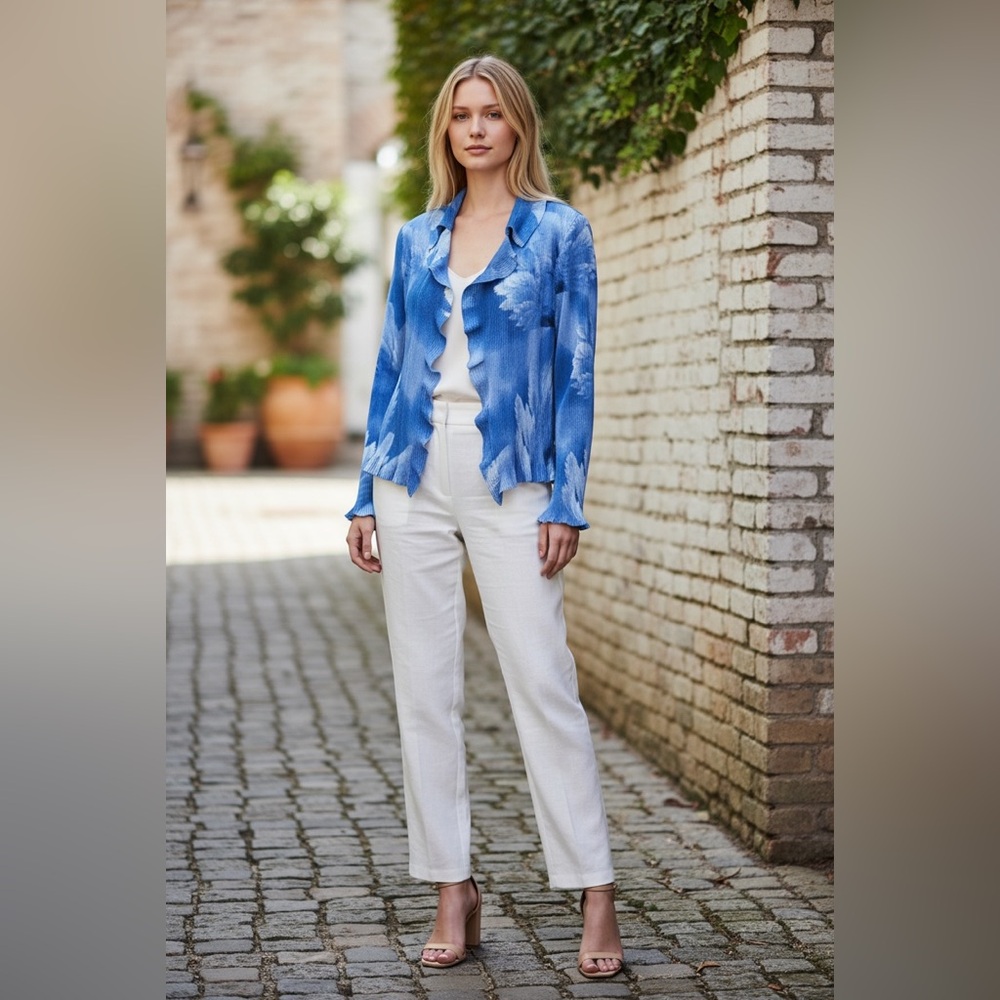 Caeliann Ruffled Blue Print Open Front Jacket‎ - Picture 15 of 15